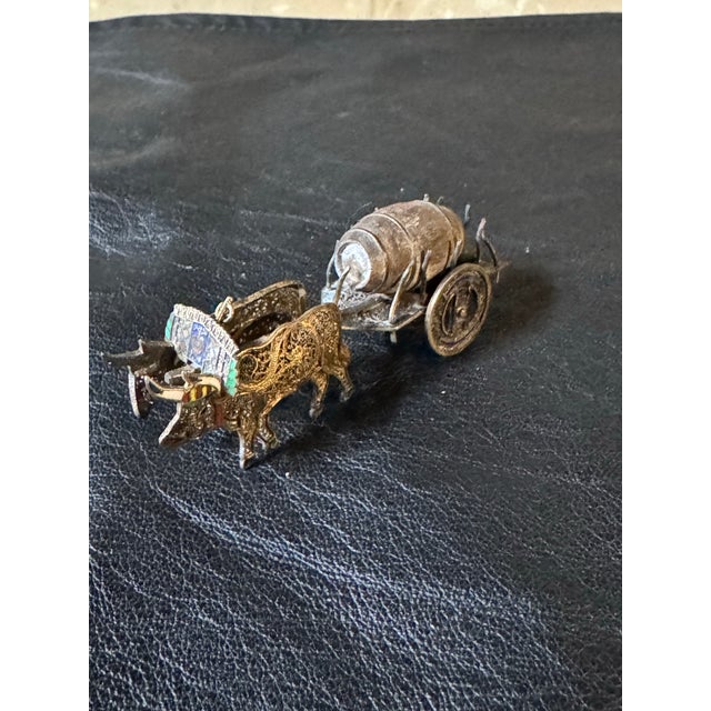 Antique Sterling & Enamel Fillagree Miniature, Tiny Ox Cart & Wood Barrow For Sale - Image 4 of 9