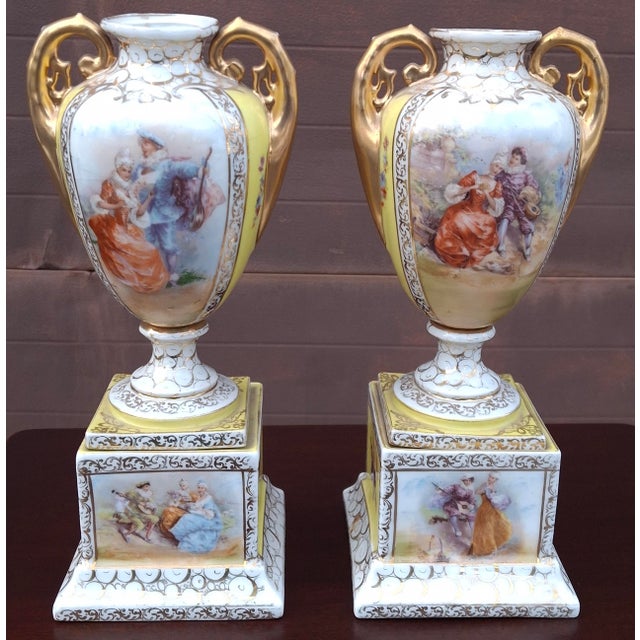 Pair Hand Painted Royal Vienna Porcelain Two-Handle Vases , Circa 1880s For Sale - Image 4 of 8