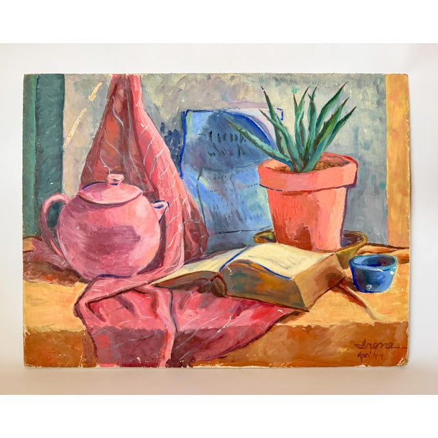 Paint Post Impressionist Colorful Original Painting Still Life, Signed, 1944 For Sale - Image 7 of 8