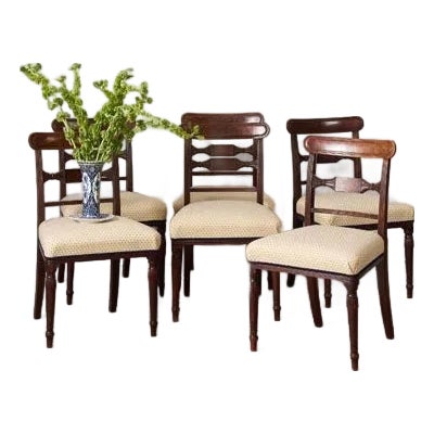 Set of 6 | English Victorian Mahogany Dining Chairs With Newly Upholstered Tiny Blue Dot Fabric For Sale