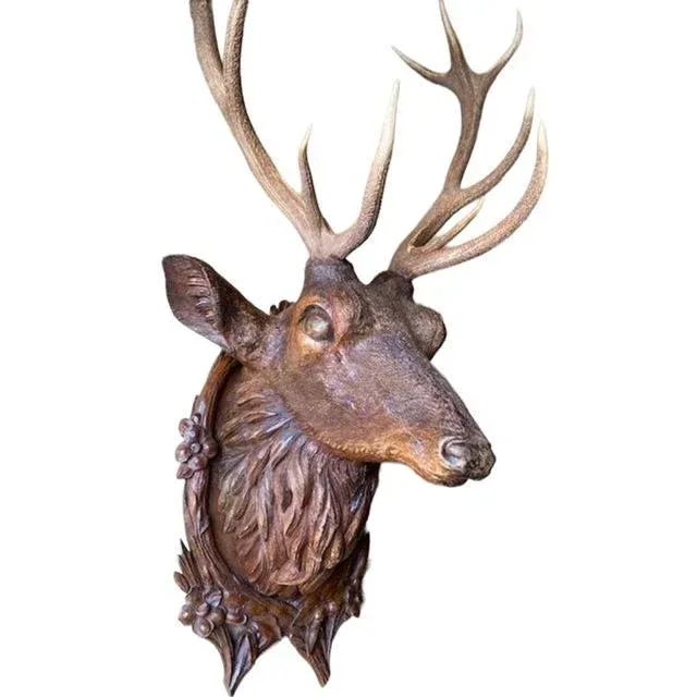 Antique Black Forest Stag Deer Head Wood Carved Sculpture Carving For Sale - Image 4 of 7