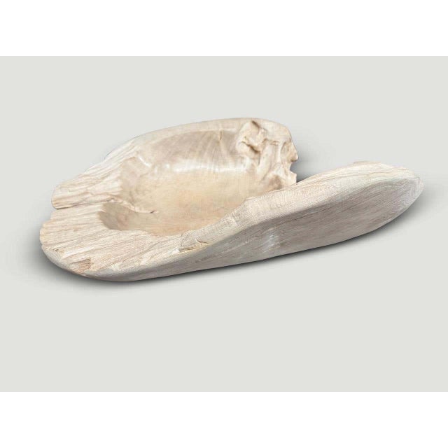 "Impressive large bleached vessel hand carved from a single piece of ancient teak wood. Both usable and sculptural. Sanded...