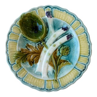 Antique 1890s French Majolica Asparagus Plate With Artichoke Sauce Well For Sale