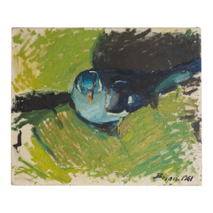 Mid Century Pigeon Portrait, Original Vintage Oil Painting, 1960s