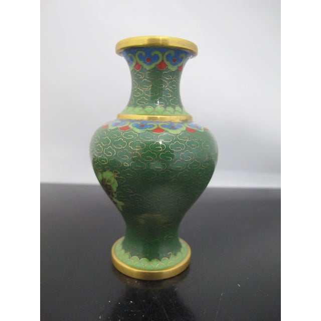 Green Chinese Cloisonne Green Enamel Flower Gilt Miniature Vase Pair For Sale - Image 8 of 10