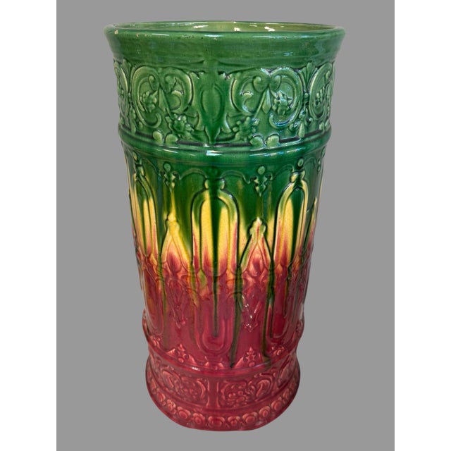 Green Mid 20th Century Blended Majolica Multi Colored Drip Glazed Art Pottery 21.5" Umbrella Stand For Sale - Image 8 of 10