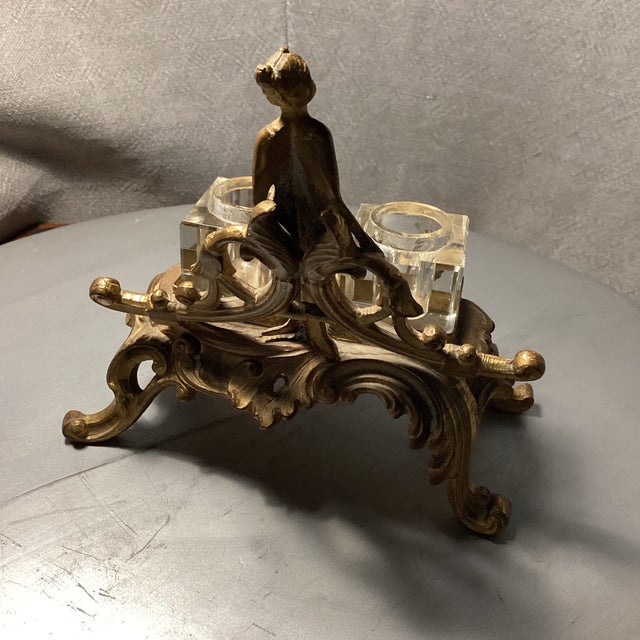 1920s Art Nouveau Double Ink Well Stand With 2 Glass Inserts | Chairish