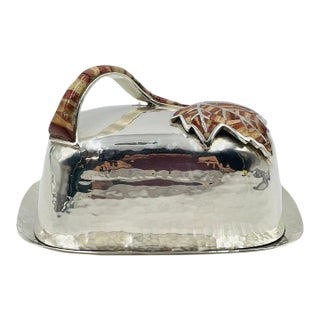 1980s Emilia Castillo Silver Plated “Maple Leaf” Jasper Inlay Covered Butter Dish For Sale