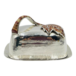 1980s Emilia Castillo Silver Plated “Maple Leaf” Jasper Inlay Covered Butter Dish