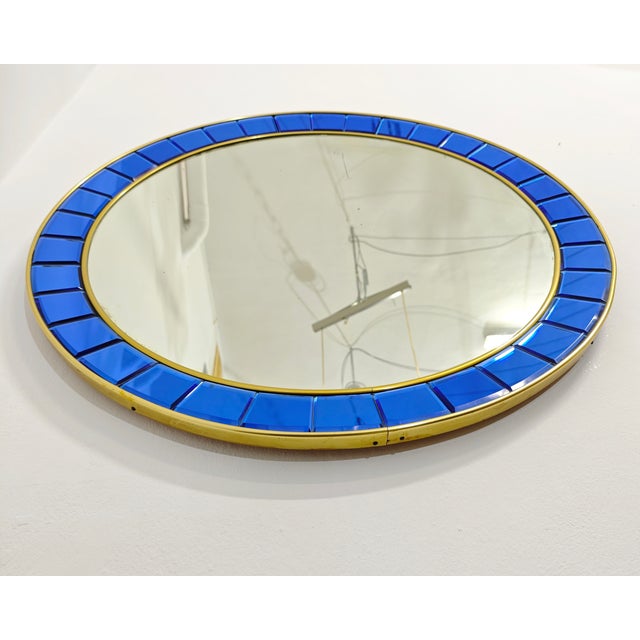 Vintage Italian Circular Wall Mirror in Blue Crystal and Brass from Cristal Art, 1950s For Sale - Image 10 of 13