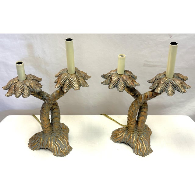 Plastic Vintage Coastal Double Crossed Palm Tree Table Lamps- A Pair For Sale - Image 7 of 18