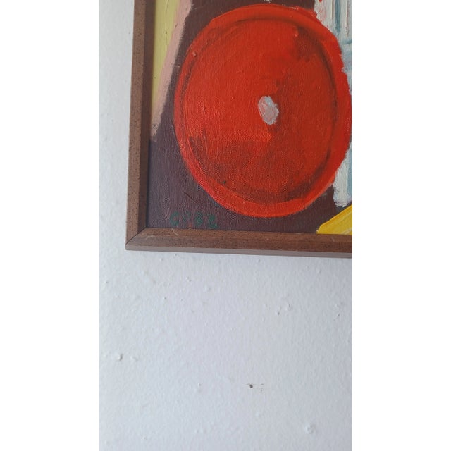 Vintage cubist framed oil painting on canvas of a man playing the trumpet in a visor. Done in vibrant colors and a playful...