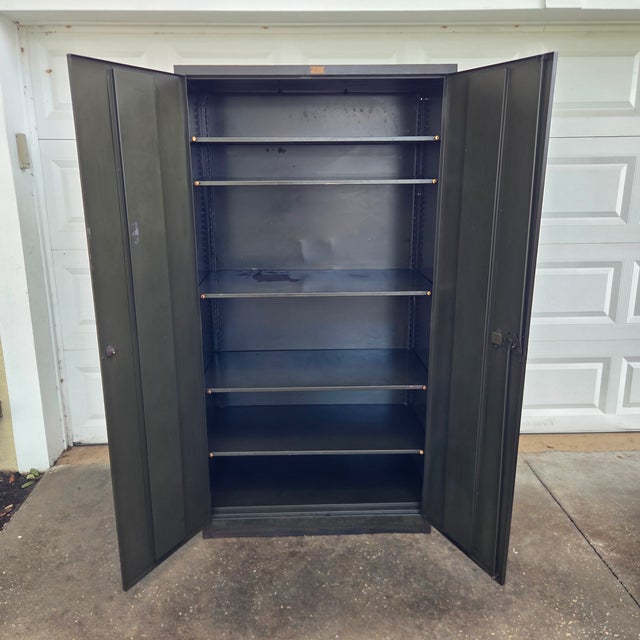 Mid 20th Century Mid 20th Century WWII-Era Dark Olive-Green General Fireproofing Company All steel Supply Cabinet W/ Brass Hardware For Sale - Image 5 of 12