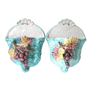 Pair of Italian Ceramic Majolica Pottery, Grapes, Aqua Turquoise Blue Wall Pocket Vase Planters For Sale