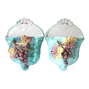 Pair of Italian Ceramic Majolica Pottery, Grapes, Aqua Turquoise Blue Wall Pocket Vase Planters