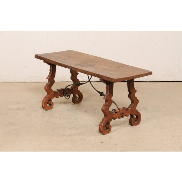Antique Spanish Wooden Coffee Table with Carved Lyre-Legs and Iron Stretchers For Sale In Atlanta - Image 6 of 13