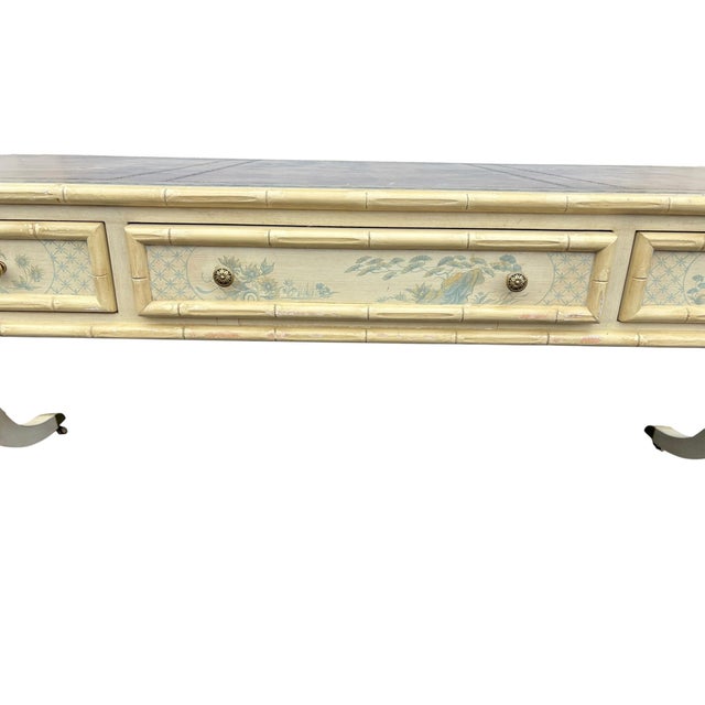 Faux Bamboo Blue and Creme Toile De Joy Chinoiserie Large Leather Top Executive Desk For Sale - Image 10 of 12