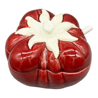 Vintage Bordallo Pinheiro Heirloom Tomato Covered Serving Bowl With Spoon | Portuguese Majolica - European Country, English Cottage, Cottagecore For Sale