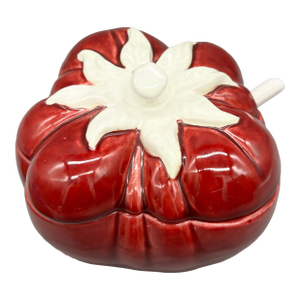 Vintage Bordallo Pinheiro Heirloom Tomato Covered Serving Bowl With Spoon | Portuguese Majolica - European Country, English Cottage, Cottagecore