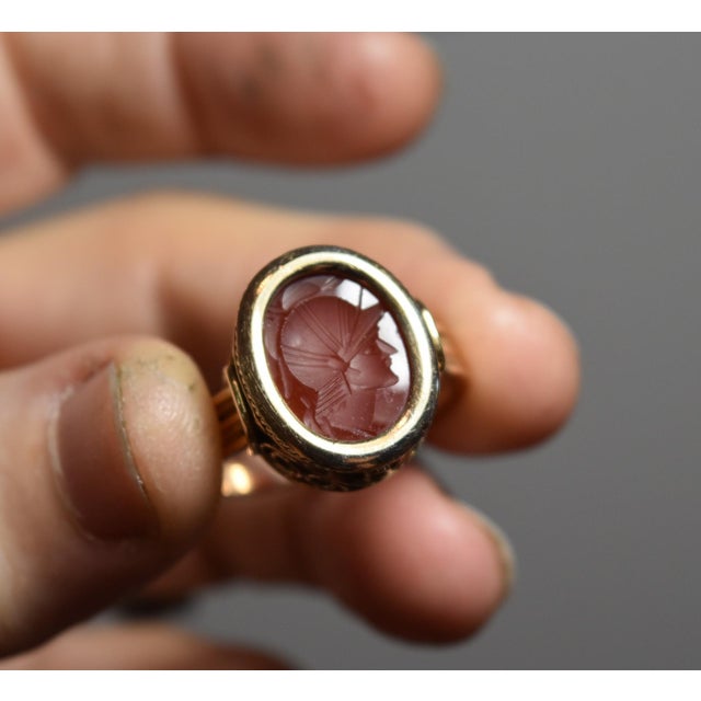 1930s 14k Yellow Gold Carnelain Soldier Warrior Intaglio Signet Ring Sz 10.25 For Sale - Image 10 of 17