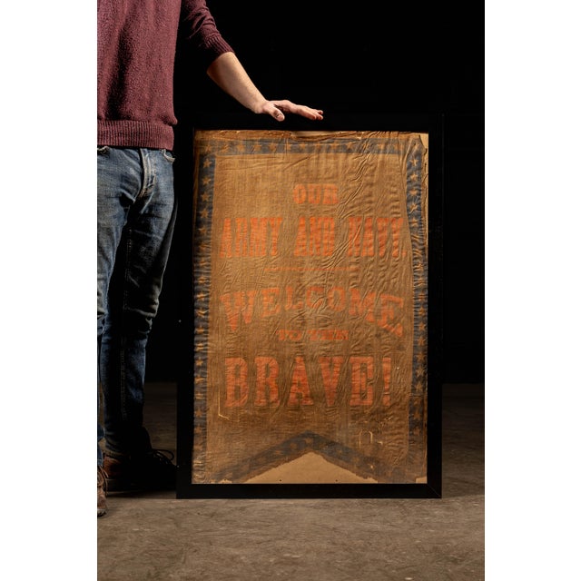 c. 1900s Framed linen banner welcoming Army and Navy soldiers and officers. Banners such as this were used to welcome...