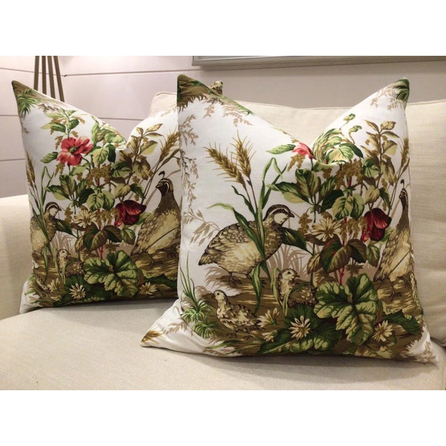 Contemporary Scalamandre Quail Scene "Edwin's Covey" on White Background Pillows - a Pair For Sale - Image 4 of 5