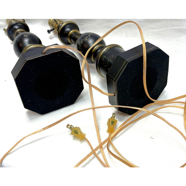 Vintage Wood Table Lamps With Gold Painted Chinoiserie Designs- A Pair For Sale - Image 15 of 15