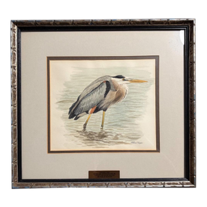 1970s Original Arthur Singer Watercolor Painting Great Blue Heron Signed and Framed