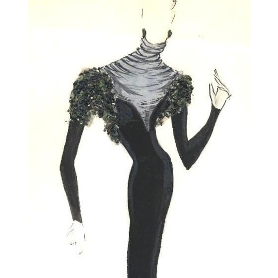 1950 Mid-Century Original French Fashion Drawing in Gouache, Signed For Sale - Image 4 of 5
