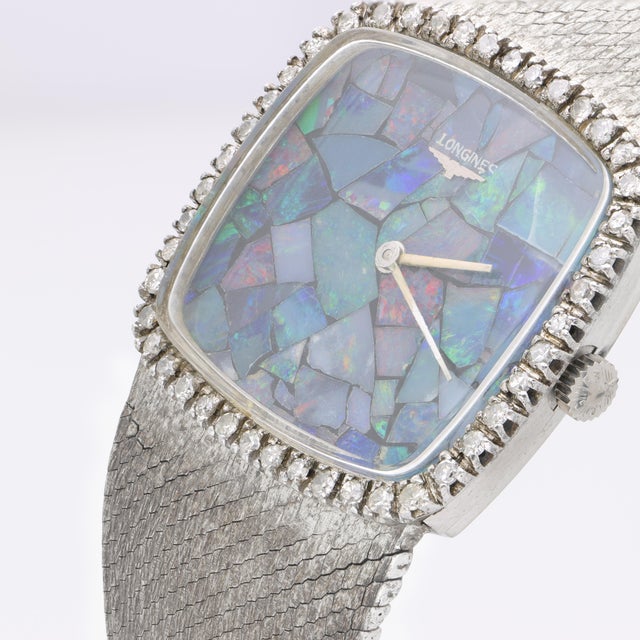 Vintage Longines Opal Mosaic Dial 34mm Diamond Bezel 18k White Gold Watch For Sale In Miami - Image 6 of 14