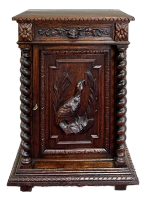 Antique French Jam Cabinet Cupboard Pedestal Barley Twist Drawer Oak Pheasant