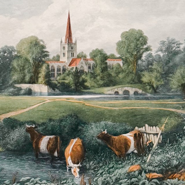 A large-scale, late 19th century lithograph of Stratford-on-Avon capturing the serene beauty of the English countryside....