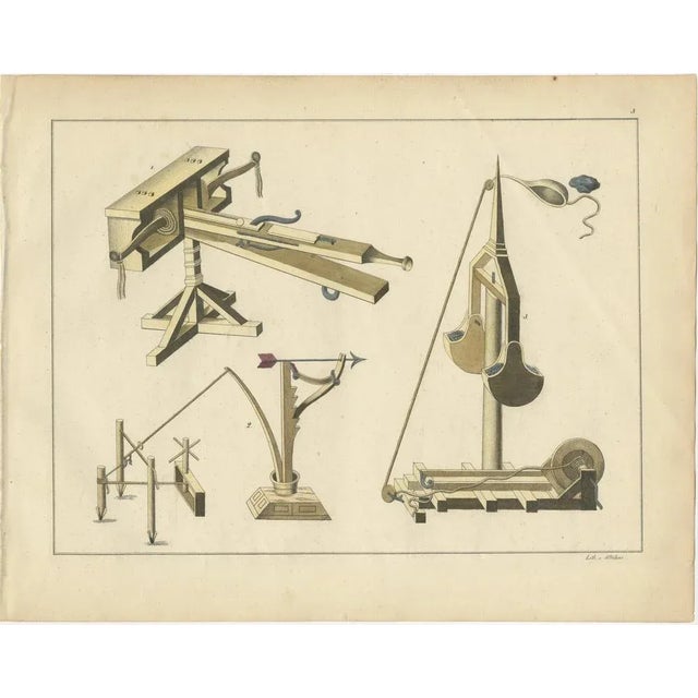 Title: 19th-century hand-coloured lithograph of medieval siege engines and catapults : this meticulously detailed hand-...