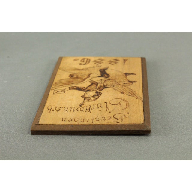 Wood 1886 Pyrographed Wood Greetings Card Boy & Pigeon Post, German Folk Art For Sale - Image 7 of 15