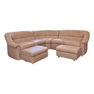 Vintage Leathercraft Sculptural Curved Leather Sectional With Dual Ottomans – Luxury Conversation Sofa For Sale