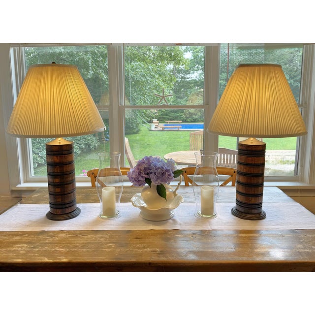 Brown Turned Wood Barrel Form Table Lamps With Shades, Set of 2 For Sale - Image 8 of 18