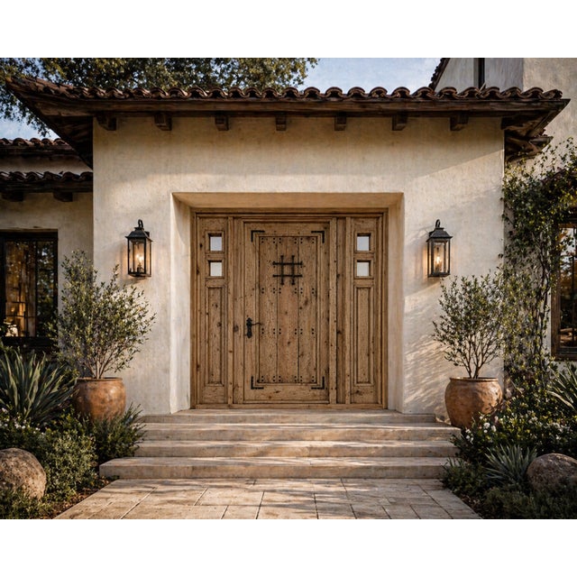 Puerta San Blas (Model 1005-P) – Handcrafted custom solid wood door featuring a vertical plank and clavos design with a...