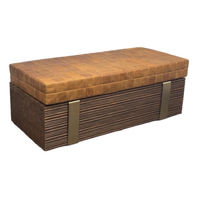 McGuire Furniture Haybine Cocktail Table + Custom Leather Bench Cushion For Sale