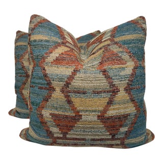 Woven Ikat in Teal/Russet 22" Pillows-a Pair For Sale