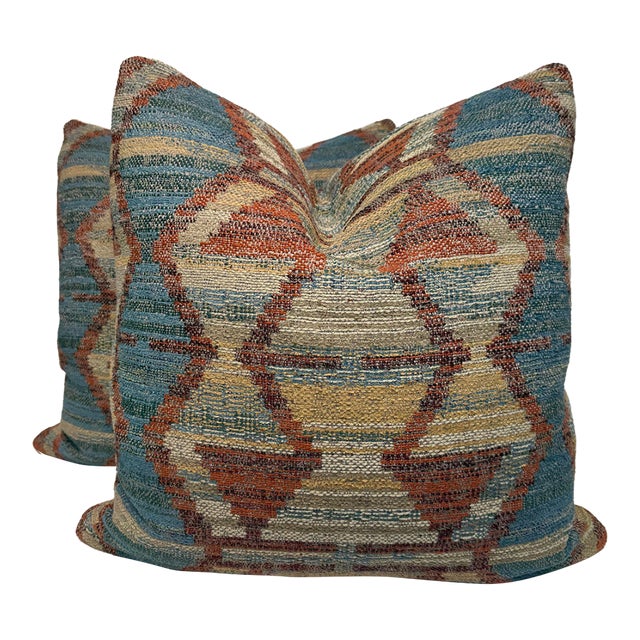 Woven Ikat in Teal/Russet 22" Pillows-a Pair For Sale
