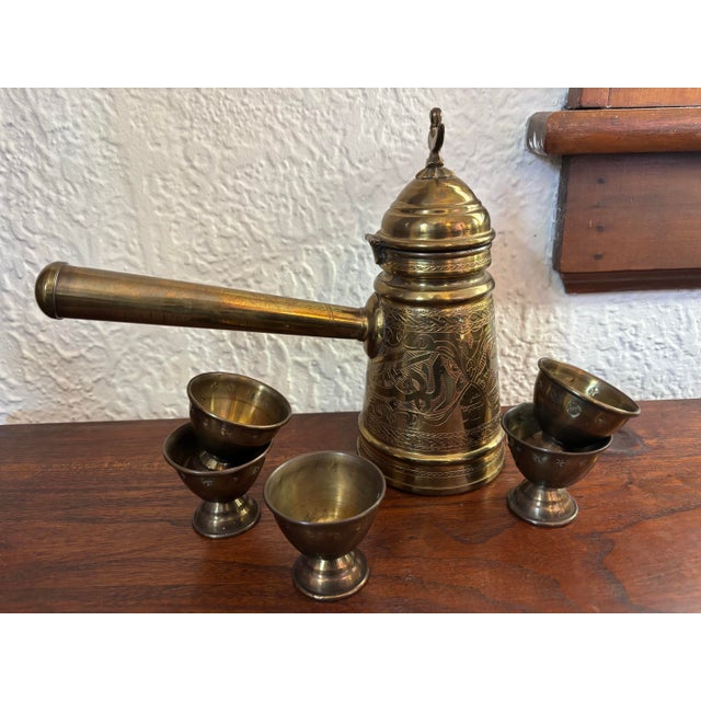 Mid 20th Century Turkish Etched Brass Coffee Pot With Long Handle and Cups - Set of 6 For Sale - Image 6 of 9