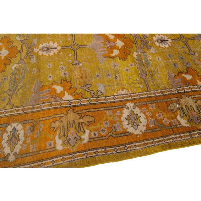 Taupe Vintage Arts and Crafts Style Golden Ochre Wool Rug With Stylized Floral Motif For Sale - Image 8 of 11