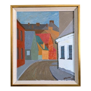 1968 Mid-Century 'Where the Street Bends' Vintage Swedish Street Scene Landscape Oil Painting, Framed For Sale
