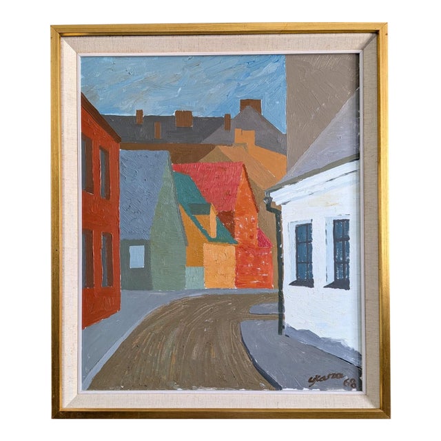 1968 Mid-Century 'Where the Street Bends' Vintage Swedish Street Scene Landscape Oil Painting, Framed For Sale