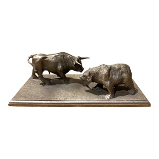 Mid 20th Century Pewter Bull & Bear Wall Street Sculpture – Finely Detailed Desk or Shelf Accent For Sale