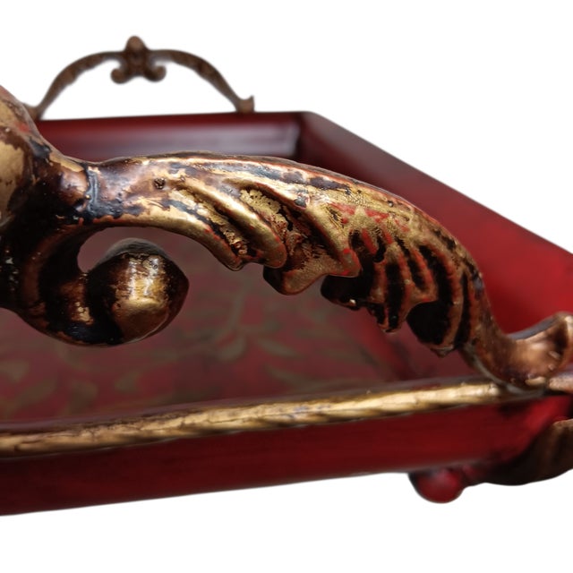 Large Metal Serving Tray Cranberry Red and Gold Leaf Vine Design Ornate Handles For Sale - Image 9 of 18