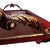 Large Metal Serving Tray Cranberry Red and Gold Leaf Vine Design Ornate Handles For Sale - Image 9 of 18