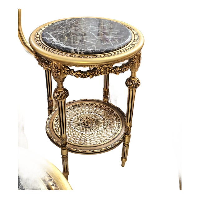 Midnight Gilding – French-Inspired Accent Table With Dramatic Dark Marble Top & Ornate Gold Leaf Embellishments For Sale