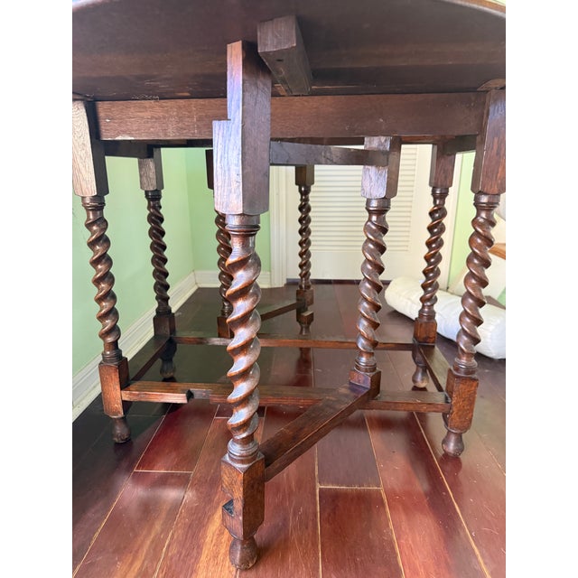 Antique Solid Oak English Drop Leaf Barley Twist Table For Sale - Image 4 of 10