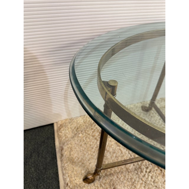 Brass Mastercraft Hollywood Regency Brass Hoof Feet Coffee Table Racetrack Glass Top For Sale - Image 8 of 13
